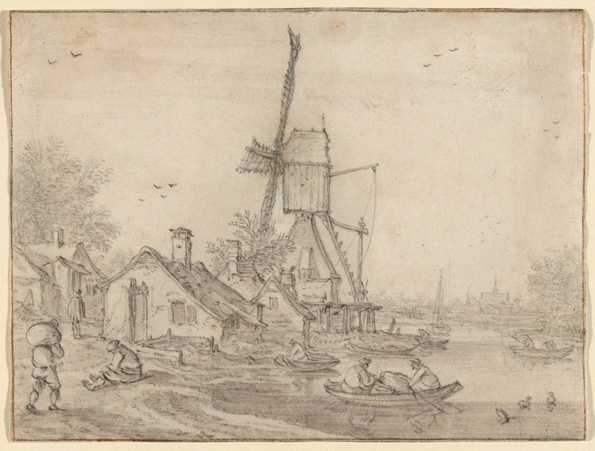 A Windmill and Cottages on a River Bank, Men in Rowing Boats by Esaias van de Velde, drawing, 1600-1630
