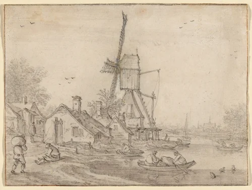 A Windmill and Cottages on a River Bank, Men in Rowing Boats by Esaias van de Velde, drawing, 1600-1630