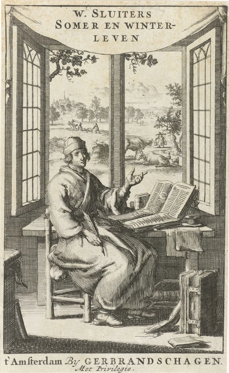 Schrijver Willem Sluiter aan zijn bureau bij een geopend venster by Jan Luyken, print, 1687