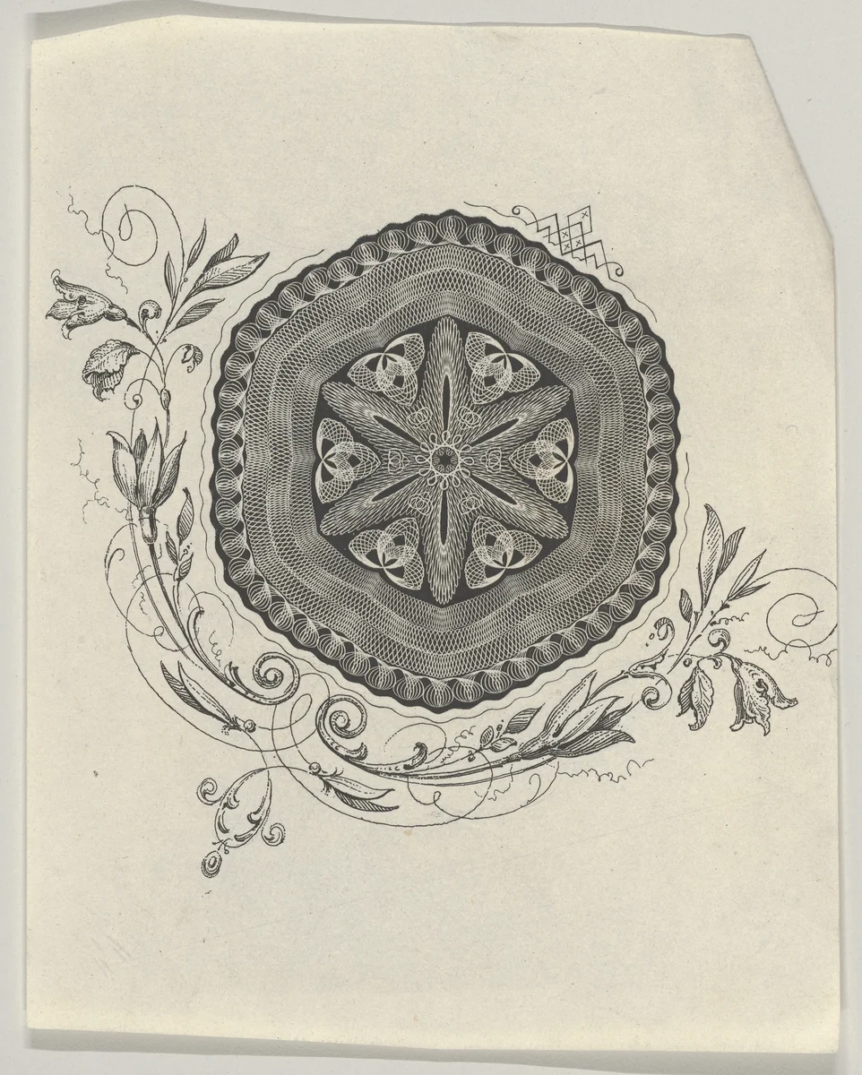 Banknote motif: hexagonal ornament with rippled edges with a pointed star at its center and flowers and leaves below by Cyrus Durand, print, 1819-1847