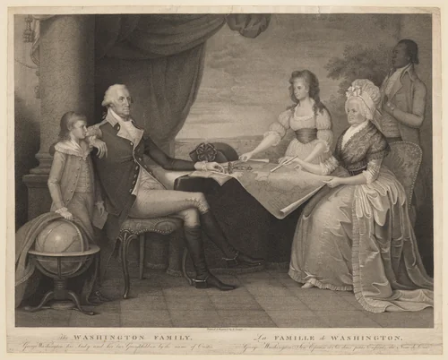 The Washington Family: George Washington, His Lady, and her Two Grandchildren by the Name of Custis–George Washington, Son Epouse, et Ses Deux petits Enfants du Nom de Custis by Edward Savage, print, 1798