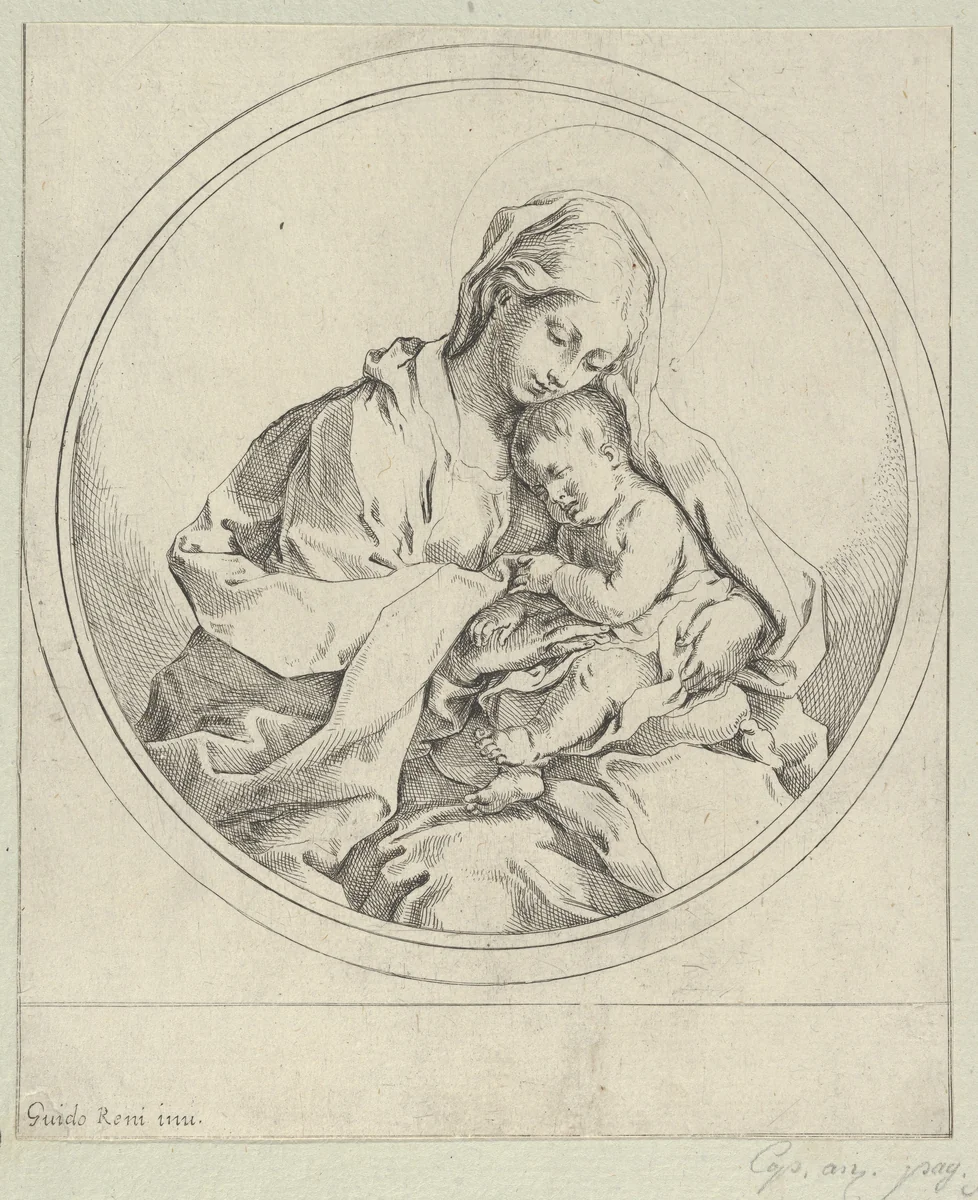 The Virgin holding the infant Christ, a circular composition, after Reni by anonymous, print, 1595-1645