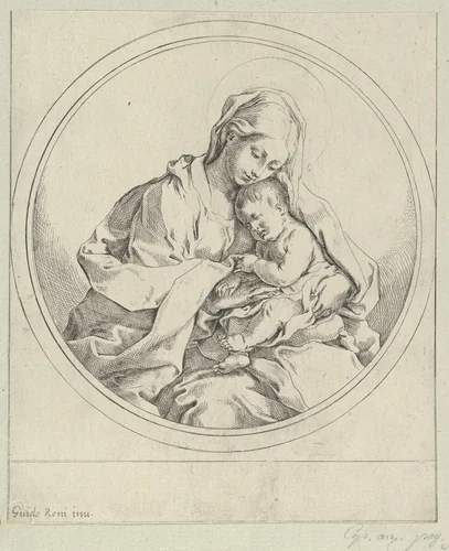 The Virgin holding the infant Christ, a circular composition, after Reni by anonymous, print, 1595-1645