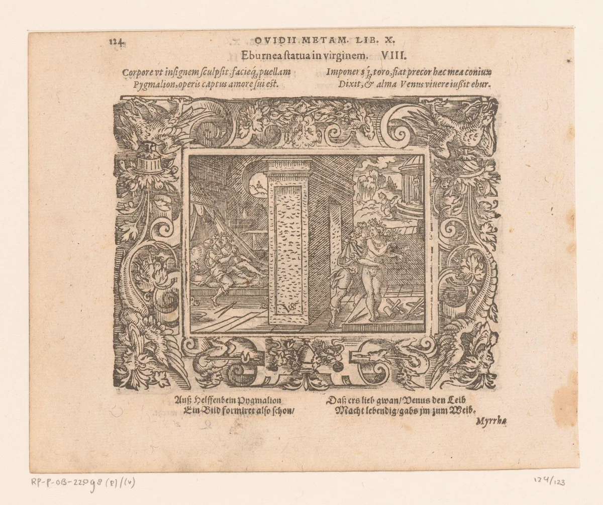 Pygmalion verliefd op zijn beeld by Unknown, print, 1569
