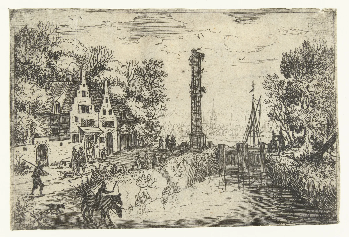 Dorpsgezicht met een sluis by Jan Brueghel, print, 1616-1625