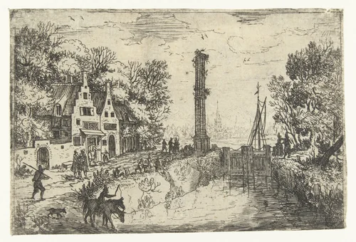 Dorpsgezicht met een sluis by Jan Brueghel, print, 1616-1625