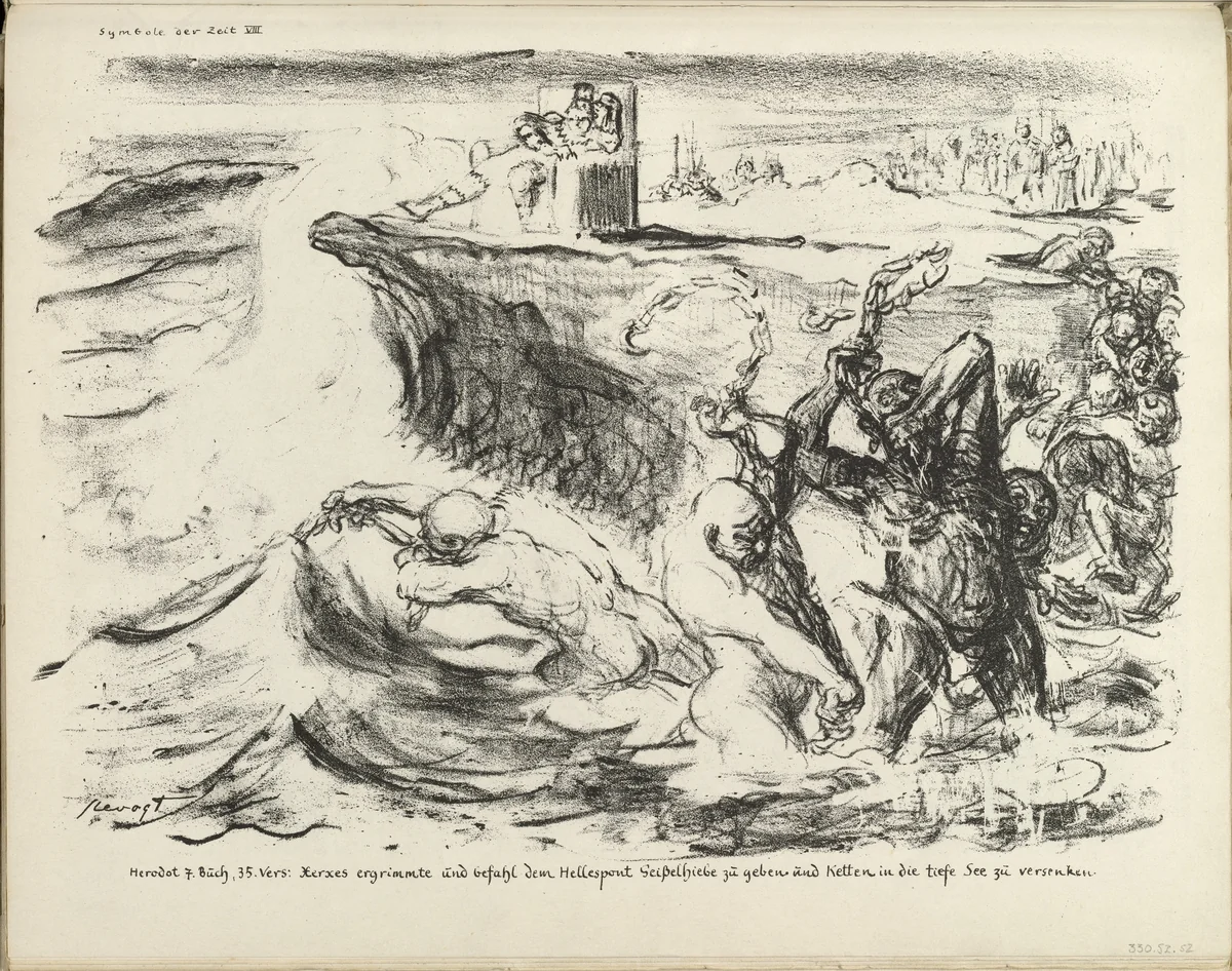 Signs of the Times VIII: Xerxes Grew Angry (Symbole der Zeit VIII: Xerxes ergrimmte) (plate, folio 27) from the periodical Der Bildermann, vol. 1, no. 13 (Oct 1916) by Max Slevogt, periodical, 1916