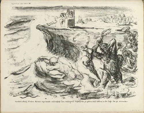 Signs of the Times VIII: Xerxes Grew Angry (Symbole der Zeit VIII: Xerxes ergrimmte) (plate, folio 27) from the periodical Der Bildermann, vol. 1, no. 13 (Oct 1916) by Max Slevogt, periodical, 1916