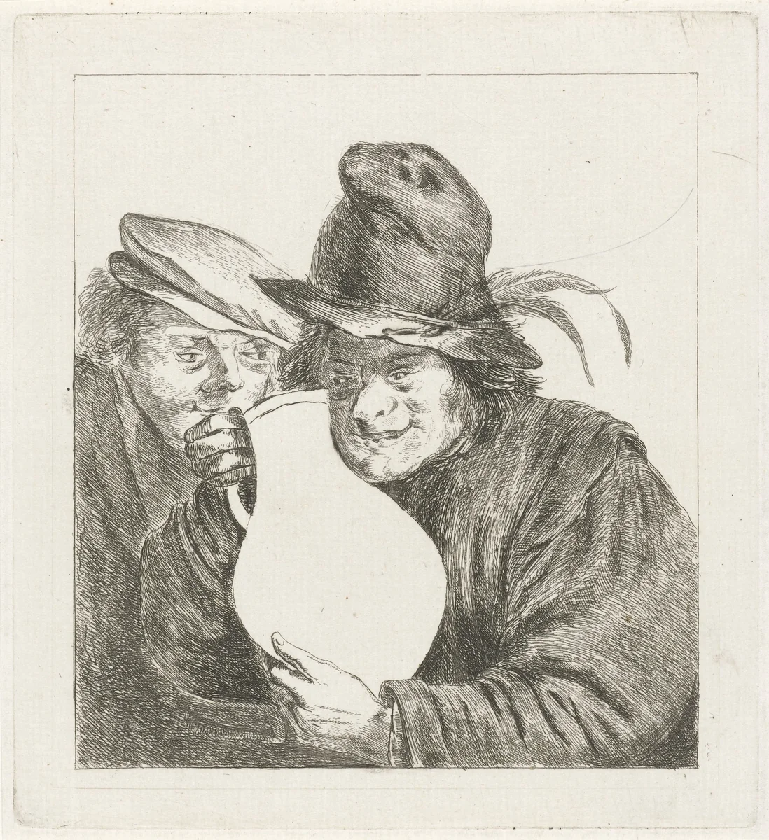 Twee boeren met een kruik by Jabes Heenck, print, 1676-1782