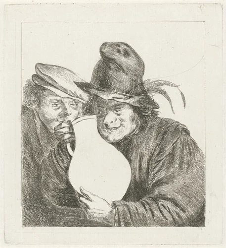 Twee boeren met een kruik by Jabes Heenck, print, 1676-1782