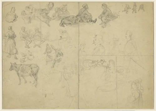 Schetsblad met krabbels van het land, een koe, dansers, toeristen en fantasie-figuren by Ludwig Munthe, drawing, 1851-1896