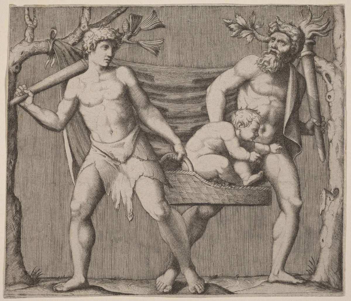 Two Fauns Carrying a Child by Marcantonio Raimondi, print, 1480-1534