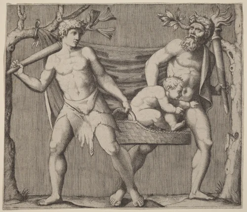 Two Fauns Carrying a Child by Marcantonio Raimondi, print, 1480-1534