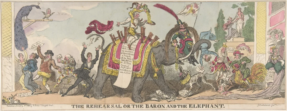 The Rehearsal or the Baron and the Elephant by George Cruikshank, print, 1812