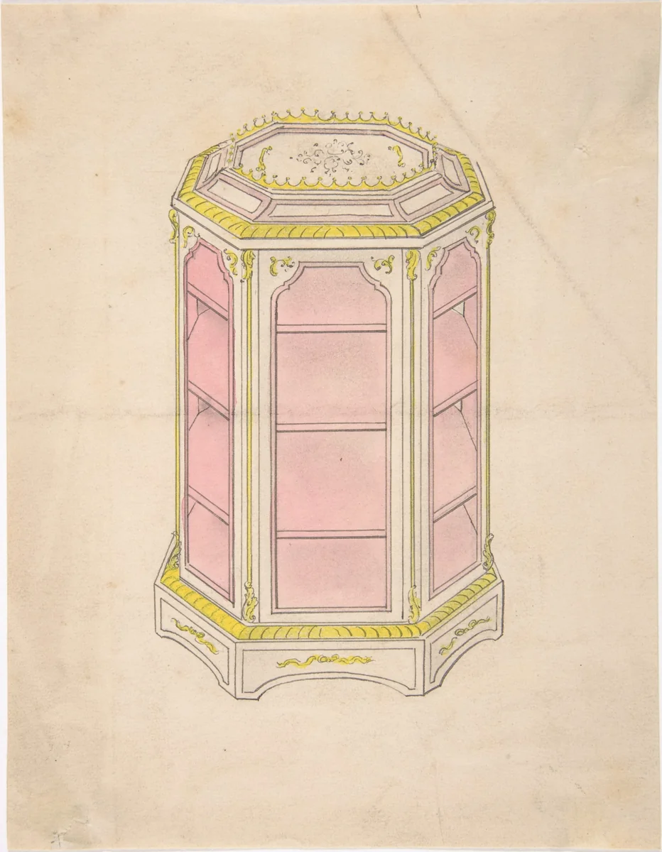 Design for an Octagonal Cabinet with Shelves and a Pink Interior by anonymous, drawing, 1800-1900