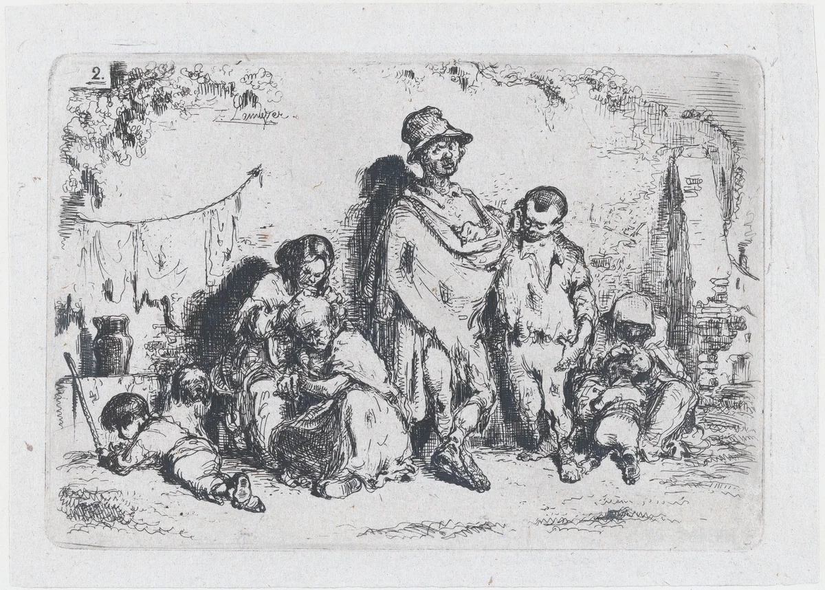 Plate 2: a group of people in the street, possibly beggars, from the series of customs and pastimes of the Spanish people by Francisco Lameyer, print, 1850