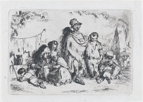 Plate 2: a group of people in the street, possibly beggars, from the series of customs and pastimes of the Spanish people by Francisco Lameyer, print, 1850