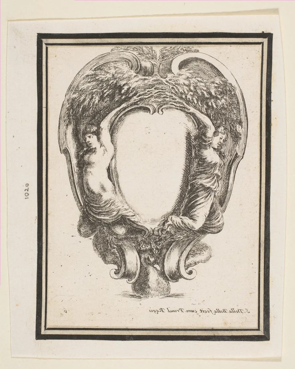 Cartouche with Duck and Nymphs by Stefano della Bella, print, 1647