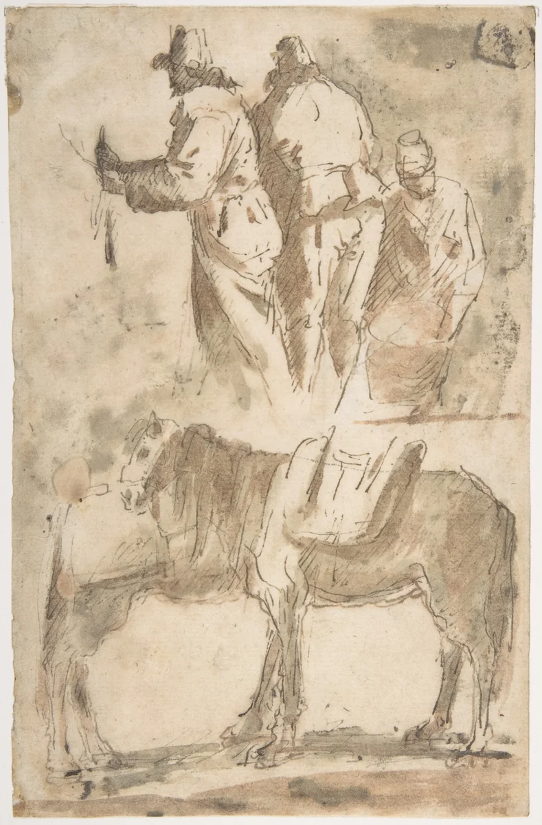 Sheet of Studies: Three Figures Above, Studies of Horses Below by Micco Spadaro, drawing, 1612-1675