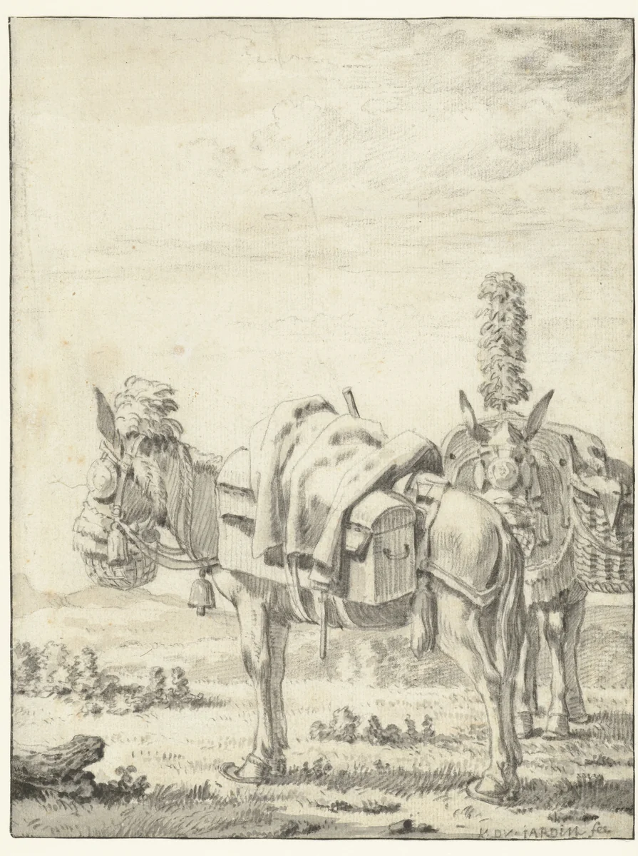 Twee muilezels by Karel du Jardin, drawing, 1632-1653