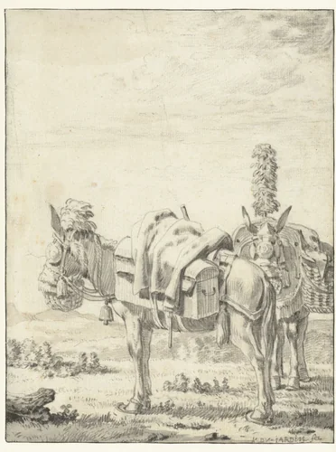 Twee muilezels by Karel du Jardin, drawing, 1632-1653