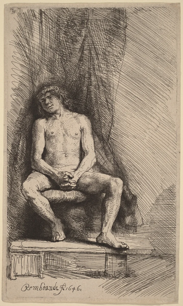 Nude Man Seated before a Curtain by Rembrandt van Rijn, print, 1646