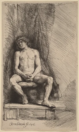 Nude Man Seated before a Curtain by Rembrandt van Rijn, print, 1646