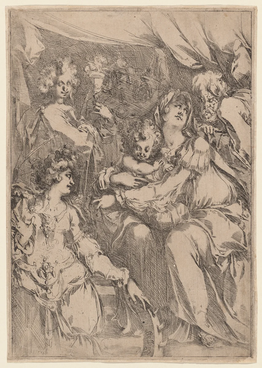 The Holy Family with Saint Catherine, Saint John the Evangelist, and an Angel by Jacques Bellange, print, 1612-1616