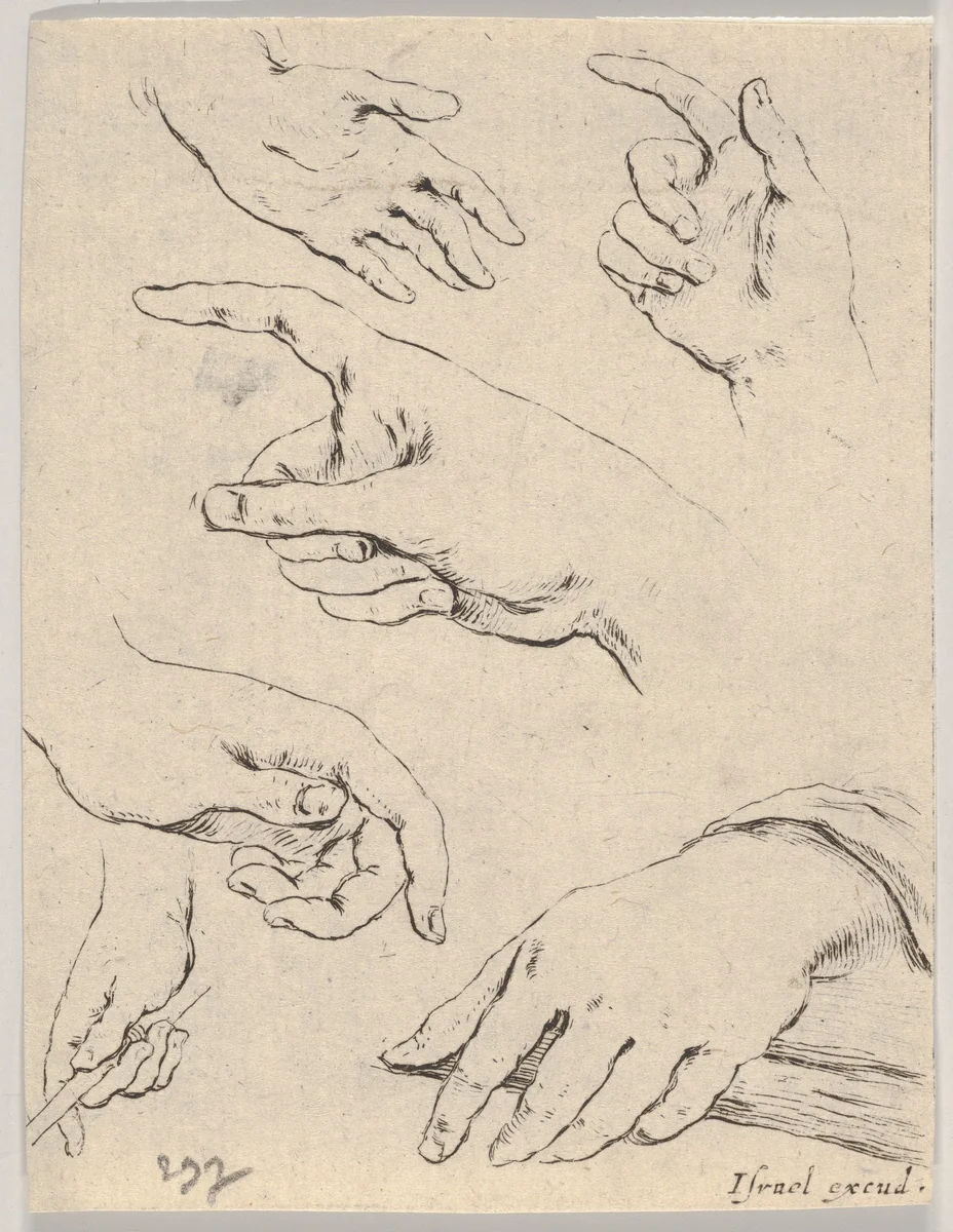 Plate 6: Six hands, from "The Book for Learning to Draw" (Livre pour apprendre à dessiner) by Stefano della Bella, print, 1647-1652