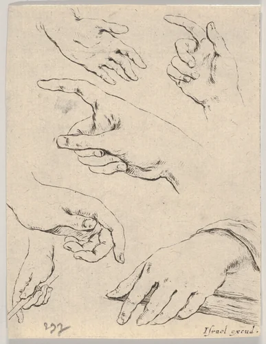 Plate 6: Six hands, from "The Book for Learning to Draw" (Livre pour apprendre à dessiner) by Stefano della Bella, print, 1647-1652