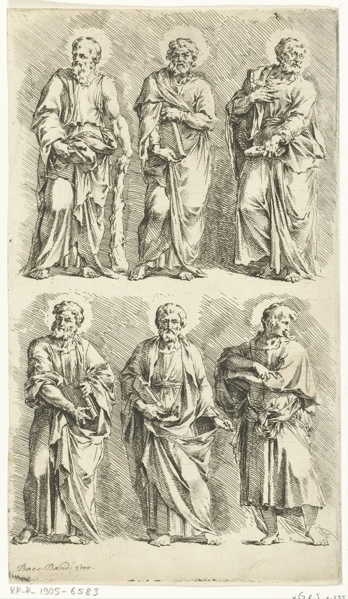 Zes staande apostelen (?) by Jan de Bisschop, print, 1668-1671