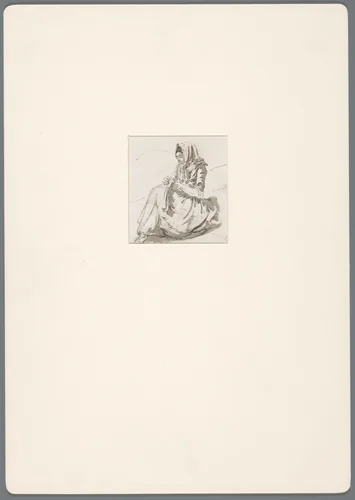Meisje met een doek over het hoofd zit te handwerken in een landschap by David de Sandoz-Rollin, drawing, 1750-1809