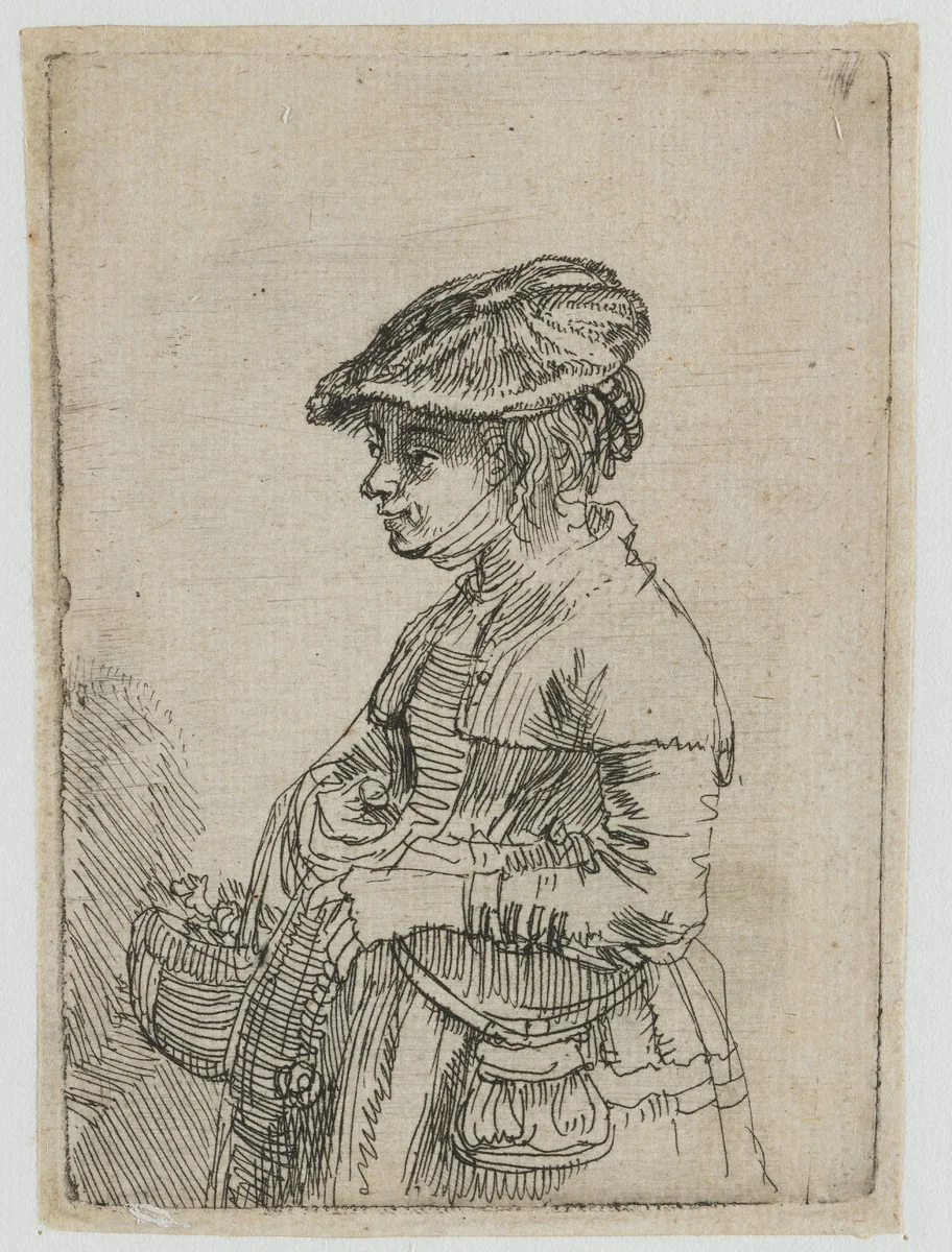 Girl with a basket by Rembrandt van Rijn, print, 1642