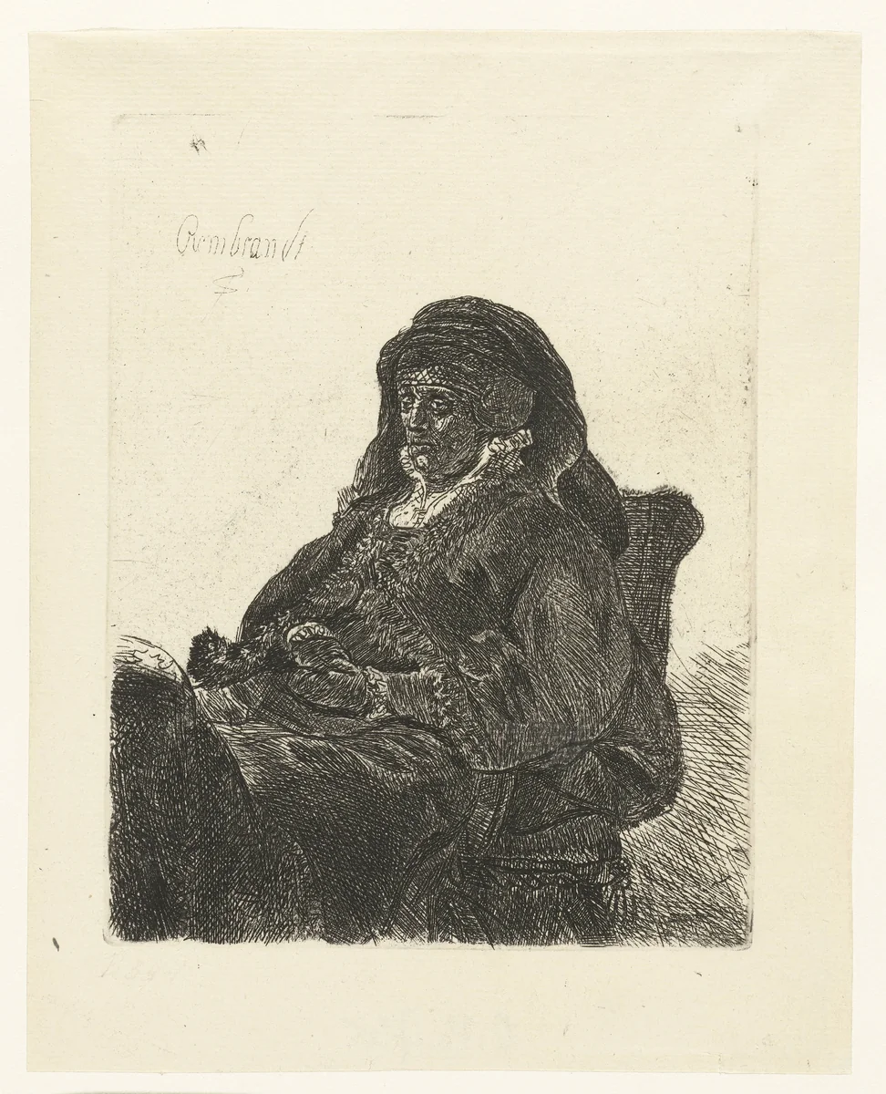 The artist's mother seated at a table, looking right: three quarter length by anonymous, print, 1631