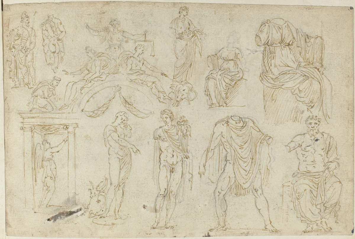 Beelden, een tekening en een fresco by anonymous, drawing, 1550-1570
