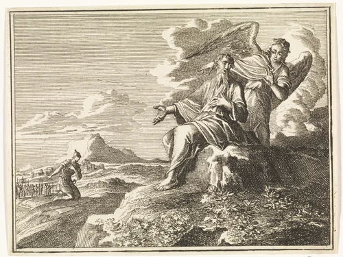 Elia door de engel vermaand gehoor te geven aan de bede van de door Ahazia gezonden hoofdman by Caspar Luyken, print, 1712