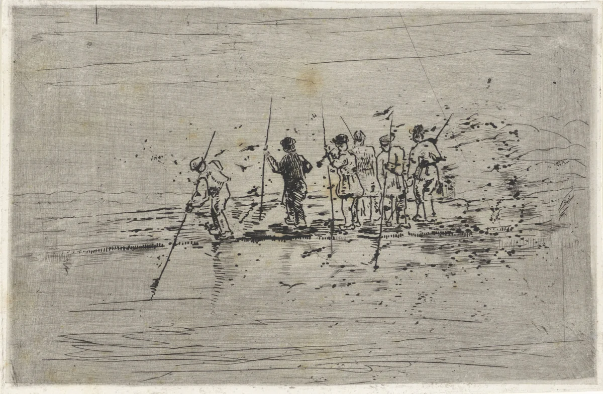 Figuren met vaarbomen op een drijvend vlonder by Arnoud Schaepkens, print, 1831-1904