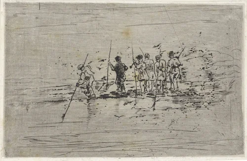 Figuren met vaarbomen op een drijvend vlonder by Arnoud Schaepkens, print, 1831-1904