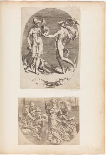 Mercury Presenting a Panpipe to Minerva by Giulio Bonasone, print, 1510-1576