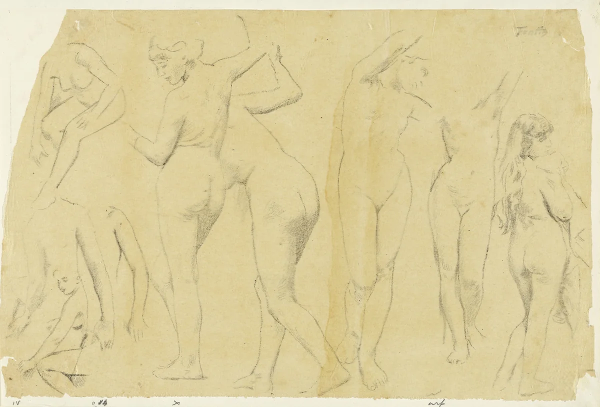 Negen studies naar vrouwelijk naakt, waarvan twee staande en face, en drie staande op de rug gezien by Henri Fantin-Latour, drawing, 1846-1904
