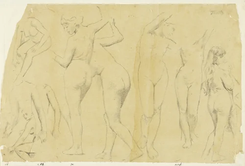 Negen studies naar vrouwelijk naakt, waarvan twee staande en face, en drie staande op de rug gezien by Henri Fantin-Latour, drawing, 1846-1904