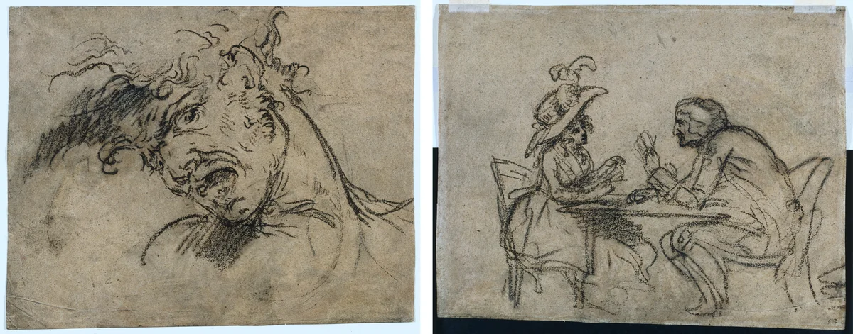 Head of a Screaming Man (recto) Woman and Man Playing Cards (verso) by Benjamin West, drawing, 1787-1797