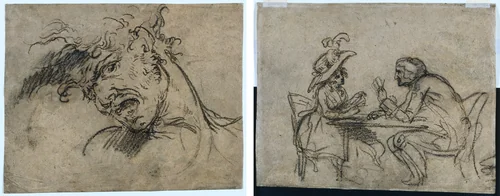 Head of a Screaming Man (recto) Woman and Man Playing Cards (verso) by Benjamin West, drawing, 1787-1797