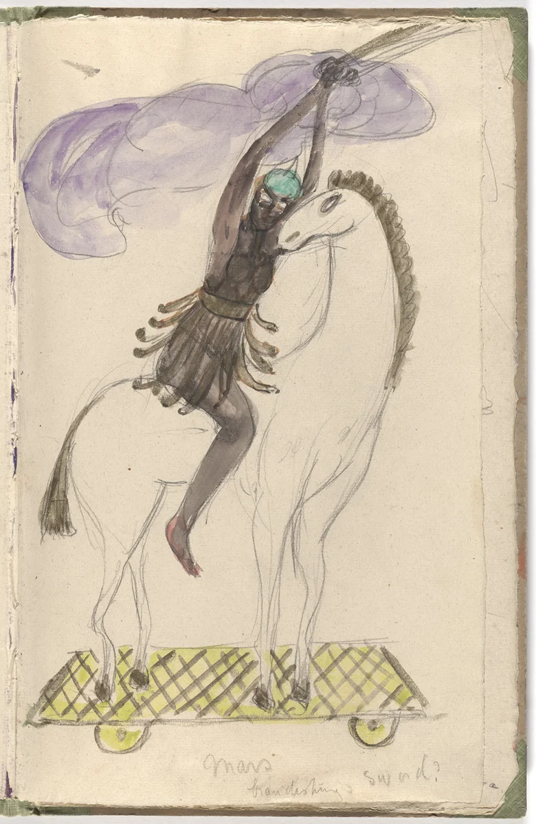 Costume design (Mars Brandishing Sword) for artist's ballet Orphée of the Quat-z-arts by Florine Stettheimer, drawing, 1912
