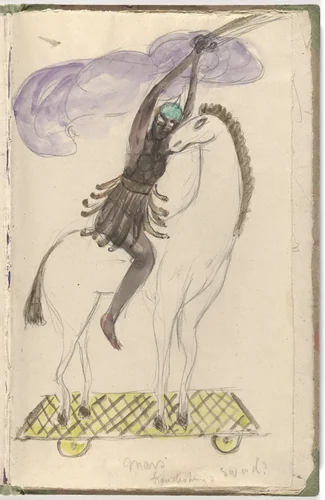 Costume design (Mars Brandishing Sword) for artist's ballet Orphée of the Quat-z-arts by Florine Stettheimer, drawing, 1912