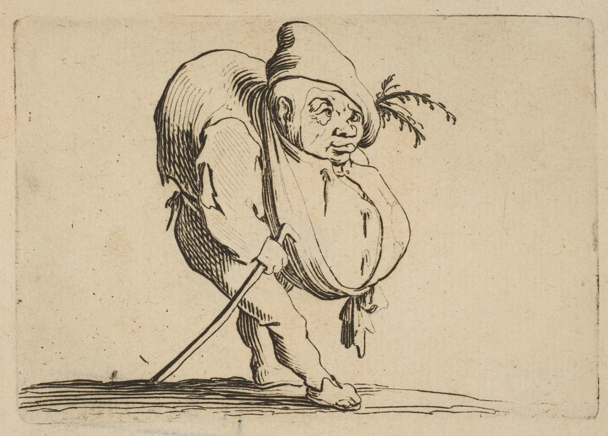 Le Bossu a La Canne (The Hunchback with a Cane), from "Varie Figure Gobbi, suite appelée aussi Les Bossus, Les Pygmées, Les Nains Grotesques" (Various Hunchbacked Figures, The Hunchbacks, The Pygmes, The Grotesque Dwarfs) by Jacques Callot, print, 1616-1622