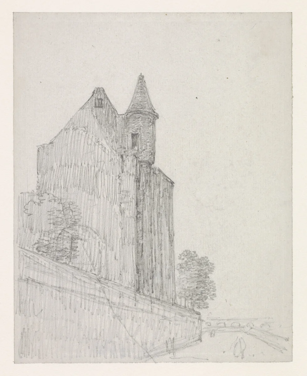 Overblijfsel van een Middeleeuws gebouw aan de Seine-kade by Georges Michel, drawing, 1773-1843