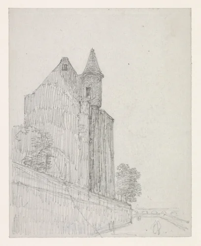 Overblijfsel van een Middeleeuws gebouw aan de Seine-kade by Georges Michel, drawing, 1773-1843