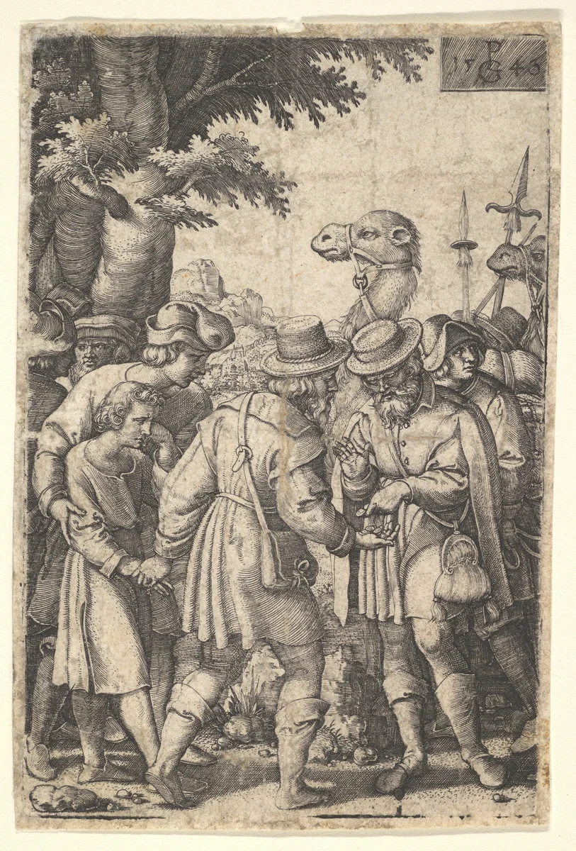 Joseph sold to the merchants: a bearded man grasping Joseph with his left hand receives coins in his right hand, from "The Story of Joseph" by Georg Pencz, print, 1546
