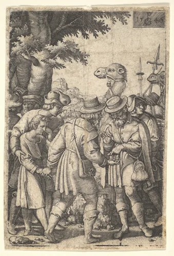 Joseph sold to the merchants: a bearded man grasping Joseph with his left hand receives coins in his right hand, from "The Story of Joseph" by Georg Pencz, print, 1546